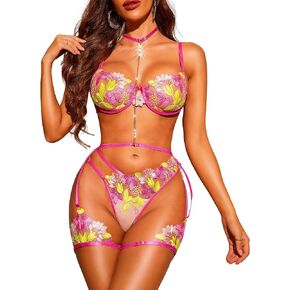 RSLOVE Women Lingerie Sets Sexy - Underwire Floral Embroidered with Garter Belt 3 Piece Bra and Panty Sets Lace Babydoll