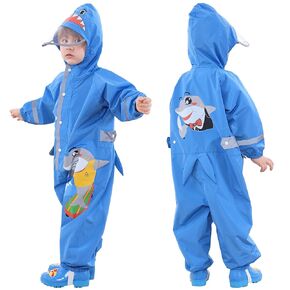 Fewlby Toddler Kids Boys Girls One Piece Rainsuit Raincoat Waterproof Hoodie Coveralls Cute Cartoon Shark Rain Jacket 3-4 years S Size