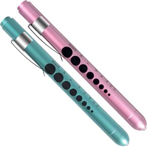 2 Pack Pen Light,Nurse Medical Reusable LED Penlight White Light with Pupil Gauge and Ruler,Teal and Black