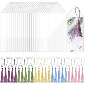 25Pcs Bookmark Sleeves Clear with Tassels Plastic Blank Vinyl Photo Booth Strip Frames Holder Cover Bookmark Holder Sleeves with Hole for Students Reading Party Favors Supplies