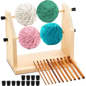 Yarn Ball Holder Double Revolving Yarn Holder with 12 Bamboo Crochet Hook Wood Yarn Holder Wooden Bamboo Crochet Hooks for Crocheting Knitting DIY Craft
