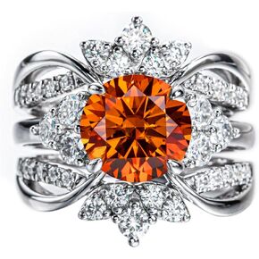 Fancy Vivid Orange Red Moissanite Wedding Band Ring Set for Women Moissanite Engagement Rings Wrap Guard Enhancers 4.2cttw Lab Created Diamond Anniversary Bridal Sets (size-7)