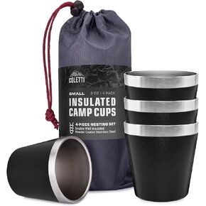 COLETTI Scouts Stainless Steel Cups — Kids Metal Cups, Steel Cups Drinking – Sleek & Stylish Metal Cups – Smooth Rim is More Sanitary Than Competitors [Black Coat, 6 oz, Set of 4]