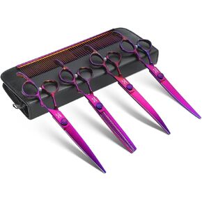 JASON Dog Grooming Scissors Kit, Professional 6 in 1 Dog Scissors Set - 6.5" Thinning, 7" Straight, 7" Up-Curved, 7" Down-curved Shears and Comb for Dog Cat Pet (Silver)