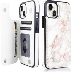 uCOLOR Compatible with iPhone 15 6.1" Wallet Case with Card Holder Slot Folio Flip PU Leather Kickstand Double Magnetic Clasp and RFID Blocking Design Cover 6.1 Inch (Navy Blue Flowers)