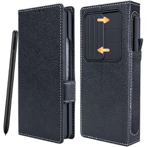Samsung Galaxy Z Fold 4 Luxury Leather Wallet Case with S Pen Holder & Camera Cover - Shockproof, Black