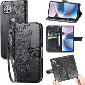 for Motorola One 5G Ace Phone Case,Moto G 5G Wallet Case,Women Butterfly Embossed PU Leather Kickstand Card Holder Slots Wrist Strap Flip Cover for Motorola Moto One 5G Ace 6.7" (Black)