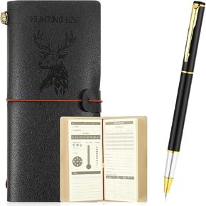 Glenmal Hunting Log Book with Pen Leather Hunting Journal Book Pocket Elk Hunting Log Book Hunting Gifts for Men Designed for Huntsman to Record Hunt Details, 96 Pages (Black)