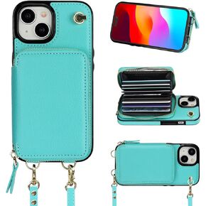 Bocasal Crossbody Wallet Case for iPhone 15, RFID Blocking Leather Purse Case with Card Holder, Protective Handbag Flip Cover with Zipper Wrist Strap Lanyard for Women 5G 6.1 Inch (Black)