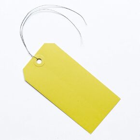 Yellow Pre-Wired Paper Tags - Set of 100 (#5) - 4.75" x 2.375" - Durable Reinforced Eyelet and Metal Twist Wire String Attached for Easy Labeling