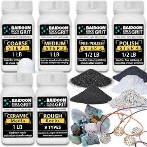 6 in 1 Rock Tumbler Grit Full Function Set – 4 Step Tumbling Grit, 1 Ceramic Refill Media, 9 Varieties Rough Rocks, Rock Tumbler Grit Polish Refill, Rock Polish Supplies & Accessories