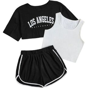 Verdusa Girl's 3 Piece Outfits Letter Print Tank Top Tee Shirt and Shorts Set