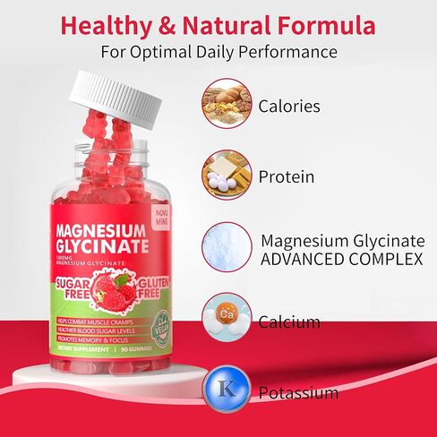 90 علكة جليسينات المغنيسيوم 1000 ملغ - مكمل بوتاسيوم المغنيسيوم الخالي من السكر مع فيتامين د، ب6، مرافق الإنزيم Q10 للمزاج الهادئ ودعم النوم - 90 علكة توت العليق in Kuwait