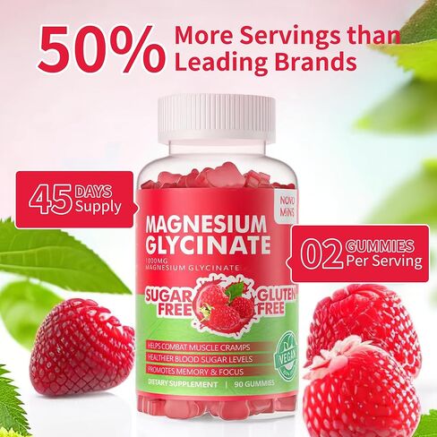 90 علكة جليسينات المغنيسيوم 1000 ملغ - مكمل بوتاسيوم المغنيسيوم الخالي من السكر مع فيتامين د، ب6، مرافق الإنزيم Q10 للمزاج الهادئ ودعم النوم - 90 علكة توت العليق in Kuwait