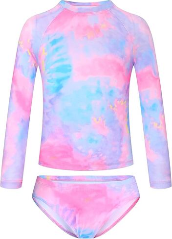 TENVDA Girls Swimsuit Long Sleeve Rash Guard Sets UPF 50+ Two Piece Bathing Suits Size 3-12 Years in Kuwait