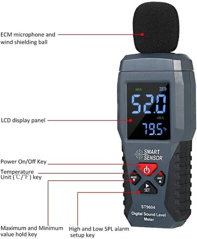 مقياس مستوى الصوت المحمول، مقياس ديسيبل LCD، مقياس ضوضاء رقمي صغير، اختبار ديسيبل، إنذار ديسيبل، مع إنذار ضوء أسود أحمر وإنذار صوتي، نطاق 30-130 ديسيبل in Kuwait