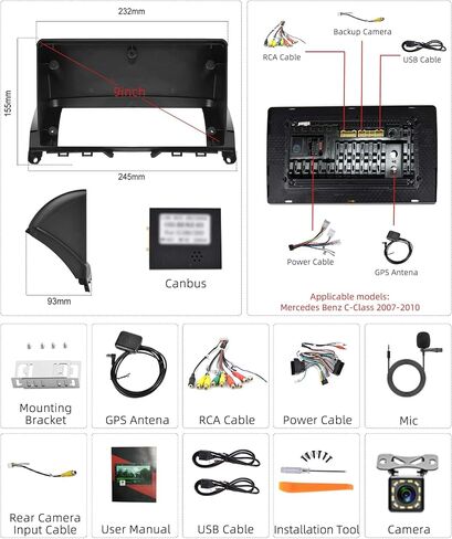 ستيريو سيارة أندرويد لمرسيدس بنز C-Class C180 C200 C230 C250 C300 C350 W204 S204 2006-2011 GPS WiFi، Rimoody 9 بوصة شاشة تعمل باللمس راديو السيارة بلوتوث FM SWC Mirror Link + كاميرا احتياطية in Saudi Arabia
