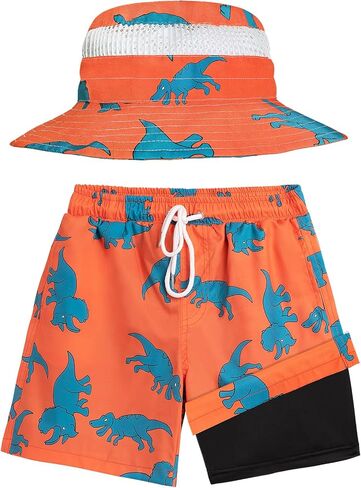 شورت سباحة للأولاد مع قبعة الشمس وبطانة ضاغطة شورت سباحة سريع الجفاف للشاطئ قصير قابل للتنفس طقم قبعة دلو لمدة 3-14 سنة in Kuwait
