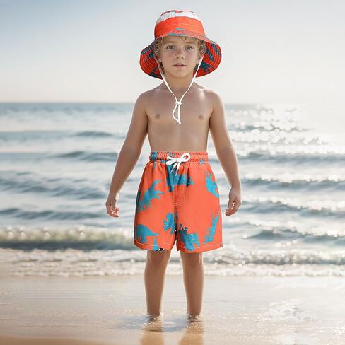 شورت سباحة للأولاد مع قبعة الشمس وبطانة ضاغطة شورت سباحة سريع الجفاف للشاطئ قصير قابل للتنفس طقم قبعة دلو لمدة 3-14 سنة in Kuwait