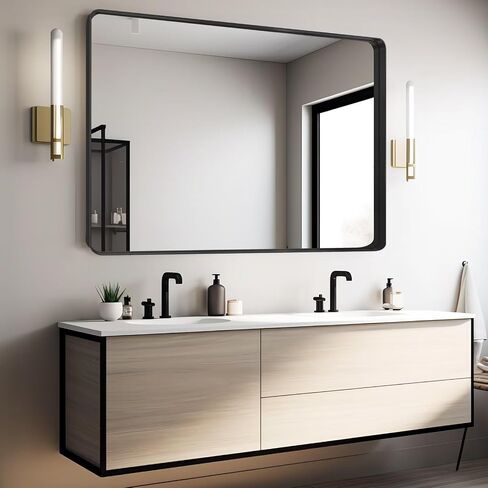 Growsun 55x28 inch Bathroom Mirrors for Vanity, Black Vanity Mirror for Wall, Metal Frame Round Corner Rectangle Bathroom Mirror, Suitable for Entryway, Bedroom, Living Room(Horizontal/Vertical) in Saudi Arabia