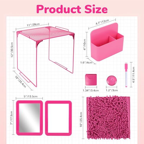 مجموعة إكسسوارات الخزانة ومنظم الخزانة المكونة من 16 قطعة تتضمن رفًا وسجادة ومرآة وسبورة بيضاء وكوب تخزين وإكسسوارات أخرى ملحق خزانة وردي للفتيات لأساسيات العودة إلى المدرسة in Kuwait