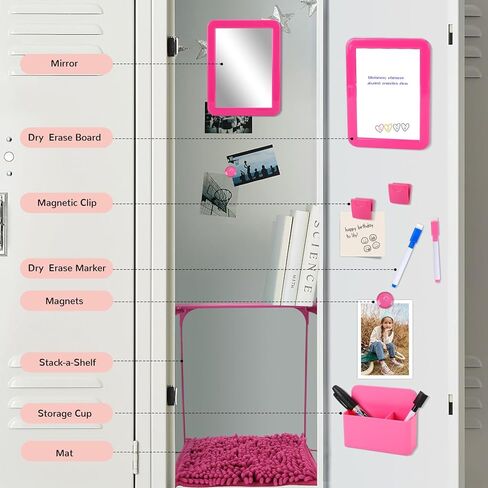 مجموعة إكسسوارات الخزانة ومنظم الخزانة المكونة من 16 قطعة تتضمن رفًا وسجادة ومرآة وسبورة بيضاء وكوب تخزين وإكسسوارات أخرى ملحق خزانة وردي للفتيات لأساسيات العودة إلى المدرسة in Kuwait