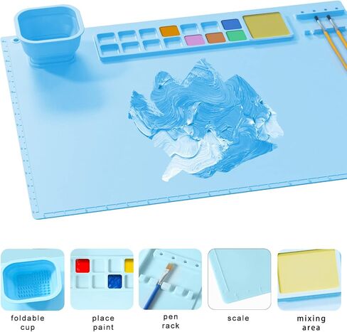 Silicone Painting Mat, 21x18 Inch Silicone Craft Mat for Resin Casting, Non Stick Paint Mats for Kids Art Mat with Cup and 12 Paint Dividers, for Art, Painting, Clay and DIY Creations, (Blue) in Saudi Arabia