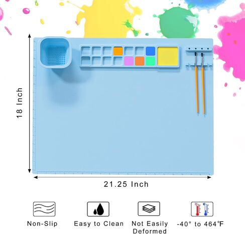 Silicone Painting Mat, 21x18 Inch Silicone Craft Mat for Resin Casting, Non Stick Paint Mats for Kids Art Mat with Cup and 12 Paint Dividers, for Art, Painting, Clay and DIY Creations, (Blue) in Saudi Arabia