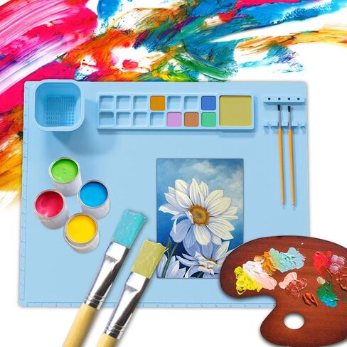 Silicone Painting Mat, 21x18 Inch Silicone Craft Mat for Resin Casting, Non Stick Paint Mats for Kids Art Mat with Cup and 12 Paint Dividers, for Art, Painting, Clay and DIY Creations, (Blue) in Saudi Arabia