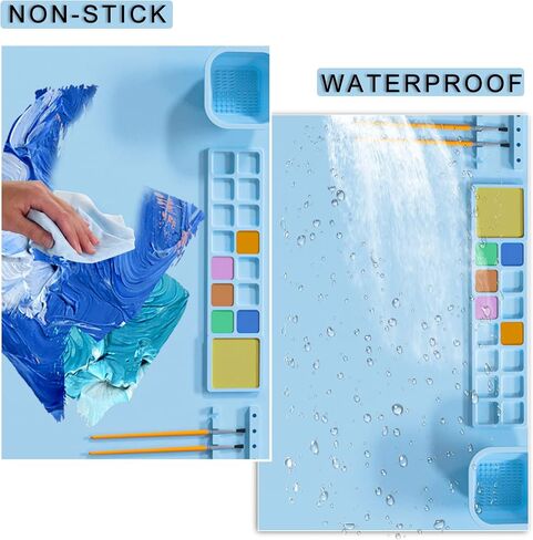 Silicone Painting Mat, 21x18 Inch Silicone Craft Mat for Resin Casting, Non Stick Paint Mats for Kids Art Mat with Cup and 12 Paint Dividers, for Art, Painting, Clay and DIY Creations, (Blue) in Saudi Arabia