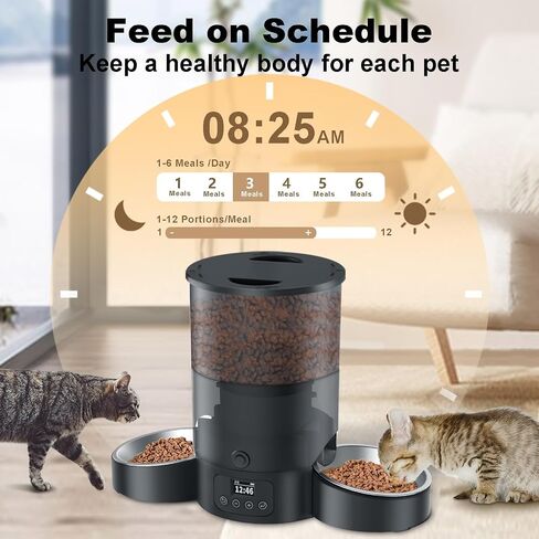 Automatic Cat Feeder for 2 Cats, 3L Cat Food Dispenser SURDY Auto Cat Feeder with 2 Stainless Bowls, 10s Meal Call Dual Power Supply and Timer Setting 12 Portions 6 Meals Per Day for Cat and Dog in Saudi Arabia