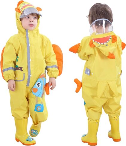 Fewlby Toddler Kids Boys Girls One Piece Rainsuit Raincoat Waterproof Hoodie Coveralls Cute Cartoon Shark Rain Jacket 3-4 years S Size in Kuwait