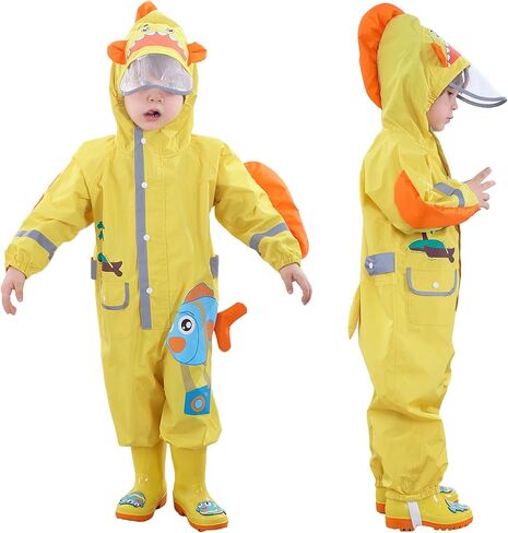 Fewlby Toddler Kids Boys Girls One Piece Rainsuit Raincoat Waterproof Hoodie Coveralls Cute Cartoon Shark Rain Jacket 3-4 years S Size in Kuwait