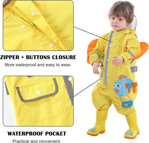 Fewlby Toddler Kids Boys Girls One Piece Rainsuit Raincoat Waterproof Hoodie Coveralls Cute Cartoon Shark Rain Jacket 3-4 years S Size in Kuwait