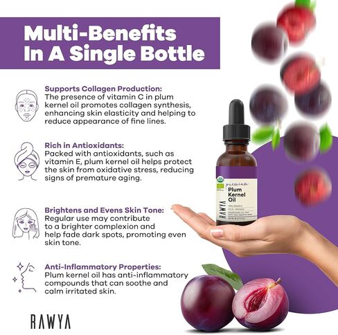 زيت البرقوق، عضوي من وزارة الزراعة الأمريكية، بذور البرقوق، معصور على البارد، غير معدّل وراثيًا، زجاجة زجاجية، 1.7 أونصة، رائع للعلاج العطري، نواة البرقوق، مرطب، نباتي، كوشير in Kuwait