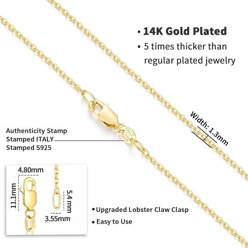 Jewlpire Italian Solid 14K Real Gold Over 925 Sterling Silver Chain Necklace for Women Girls, 1.1mm 1.3mm Cable Chain Necklace Hypoallergenic & Comfortable Women's Chain Necklaces 14 16 18 20 22 24 26 Inch in Kuwait