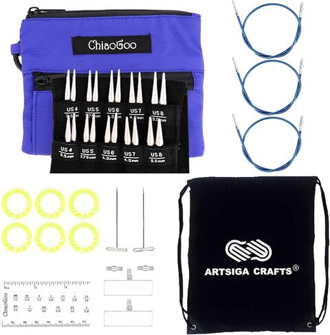 ChiaoGoo Twist Red Lace Shorties 2 & 3-Inch Large Blue 7230-S Interchangeable Knitting Needle Set, 10-Pairs Sizes US 4, 5, 6, 7, 8, Stainless Steel with 3 Cords Bundle with 1 Artsiga Crafts Large Bag in Saudi Arabia