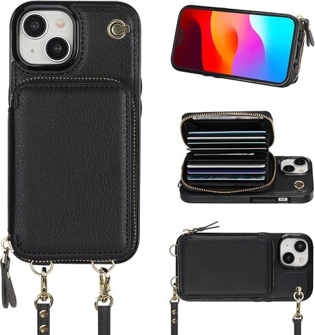 Bocasal Crossbody Wallet Case for iPhone 15, RFID Blocking Leather Purse Case with Card Holder, Protective Handbag Flip Cover with Zipper Wrist Strap Lanyard for Women 5G 6.1 Inch (Black) in Saudi Arabia