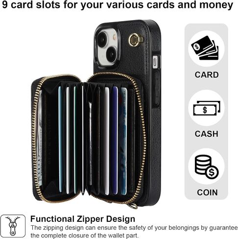 Bocasal Crossbody Wallet Case for iPhone 15, RFID Blocking Leather Purse Case with Card Holder, Protective Handbag Flip Cover with Zipper Wrist Strap Lanyard for Women 5G 6.1 Inch (Black) in Saudi Arabia
