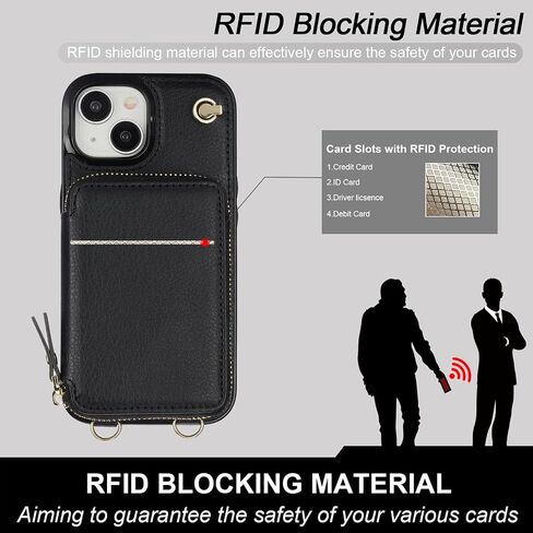 Bocasal Crossbody Wallet Case for iPhone 15, RFID Blocking Leather Purse Case with Card Holder, Protective Handbag Flip Cover with Zipper Wrist Strap Lanyard for Women 5G 6.1 Inch (Black) in Saudi Arabia