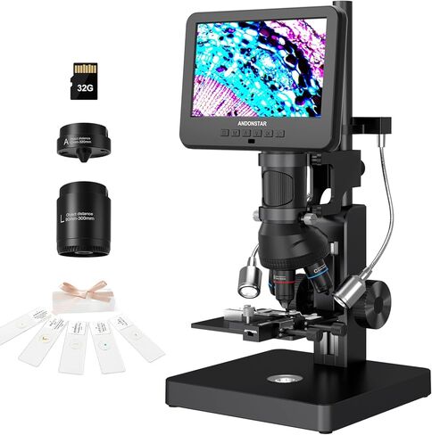 Andonstar AD266S 20X-5000X HDMI مجهر رقمي مع شاشة LCD مقاس 7 بوصة للبالغين والأطفال، طقم مجهر بيولوجي للمختبر المنزلي مع شرائح المجهر، مجهر للعملات المعدنية رؤية كاملة، متوافق مع Windows in Kuwait