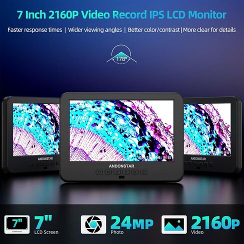 Andonstar AD266S 20X-5000X HDMI مجهر رقمي مع شاشة LCD مقاس 7 بوصة للبالغين والأطفال، طقم مجهر بيولوجي للمختبر المنزلي مع شرائح المجهر، مجهر للعملات المعدنية رؤية كاملة، متوافق مع Windows in Kuwait