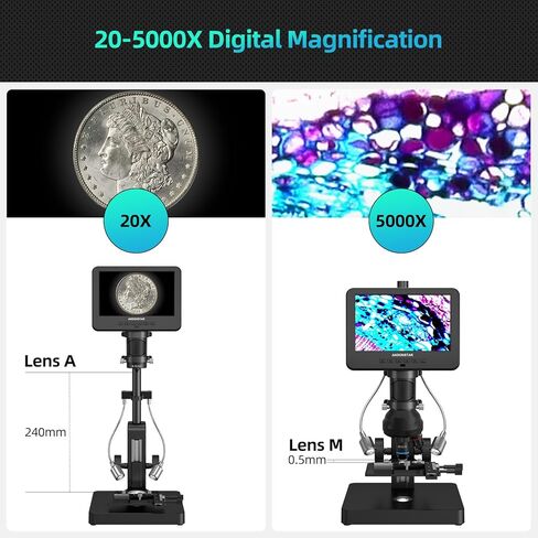 Andonstar AD266S 20X-5000X HDMI مجهر رقمي مع شاشة LCD مقاس 7 بوصة للبالغين والأطفال، طقم مجهر بيولوجي للمختبر المنزلي مع شرائح المجهر، مجهر للعملات المعدنية رؤية كاملة، متوافق مع Windows in Kuwait