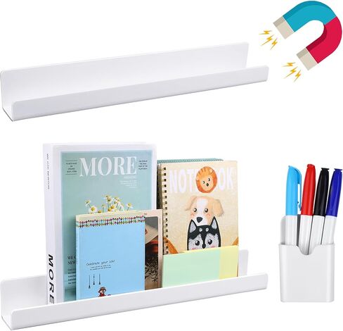 2 Pcs 17in Magnetic Book Shelf for Whiteboard Acrylic Magnetic Book Holder Floating Book Shelves with Pencil Holders for Kids Room Teacher Office Picture Books and File Display-NO PENS in Kuwait