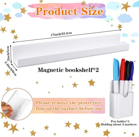 2 Pcs 17in Magnetic Book Shelf for Whiteboard Acrylic Magnetic Book Holder Floating Book Shelves with Pencil Holders for Kids Room Teacher Office Picture Books and File Display-NO PENS in Kuwait