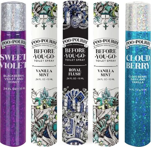 بخاخ المرحاض Poo-Pourri Before-You-Go، حجم السفر 10 مل، زجاجات الفانيليا والنعناع والتدفق الملكي والتوت السحابي والبنفسج الحلو - 5 عبوات in Saudi Arabia