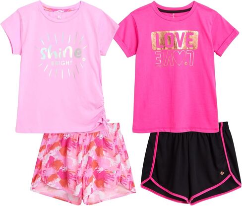 RBX Girls' Active Shorts Set - 4 Piece Short Sleeve Performance T-Shirt and Shorts (Size: 7-12) in Saudi Arabia