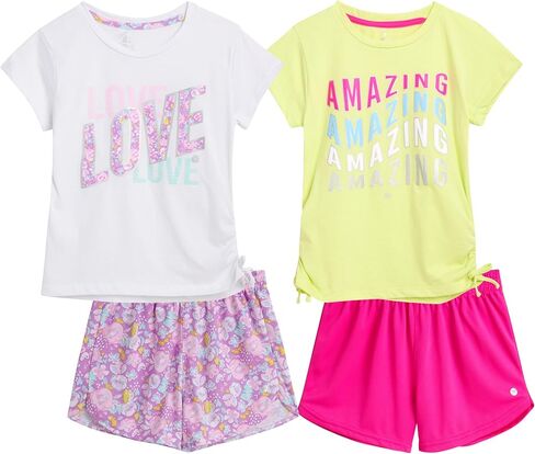 RBX Girls' Active Shorts Set - 4 Piece Short Sleeve Performance T-Shirt and Shorts (Size: 7-12) in Saudi Arabia