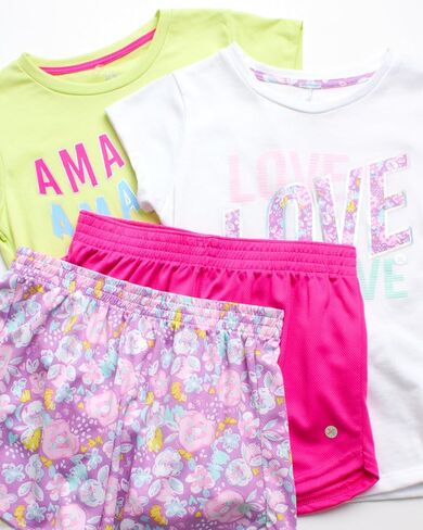 RBX Girls' Active Shorts Set - 4 Piece Short Sleeve Performance T-Shirt and Shorts (Size: 7-12) in Saudi Arabia