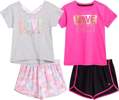 RBX Girls' Active Shorts Set - 4 Piece Short Sleeve Performance T-Shirt and Shorts (Size: 7-12) in Saudi Arabia